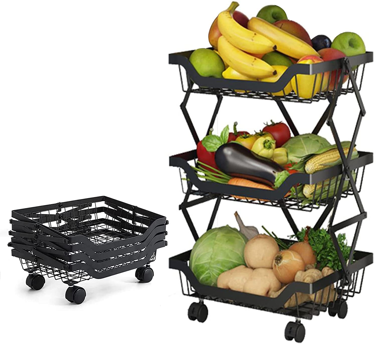 Flesser Metal Storage Baskets with Wheels 3 Tier Stackable Fruit Vegetable Basket Foldable Utility Storage Cart No Assembly for Kitchen Pantry, Market,Garage