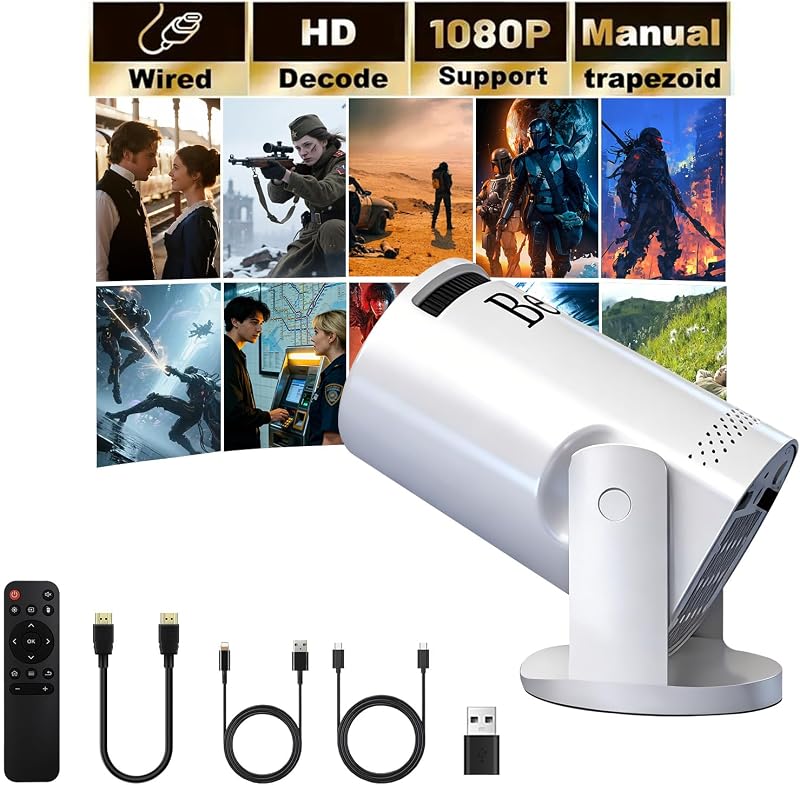 Mini projector, with wired screen sync 4K 1080P portable projector 180° rotation. 17-130" screen video projector. Compatible with smartphones, laptops.
