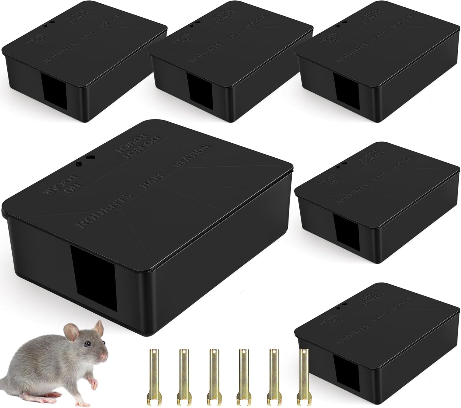 6 Pack Rat Bait Stations with key - Reusable Rodent Station for Indoor Outdoor Garden Warehouse Garage, Weather‑Resistant Mouse Station Box to Fix Bait Block Keep Rat Away Pets Safe, Dual-Entry Tunnel