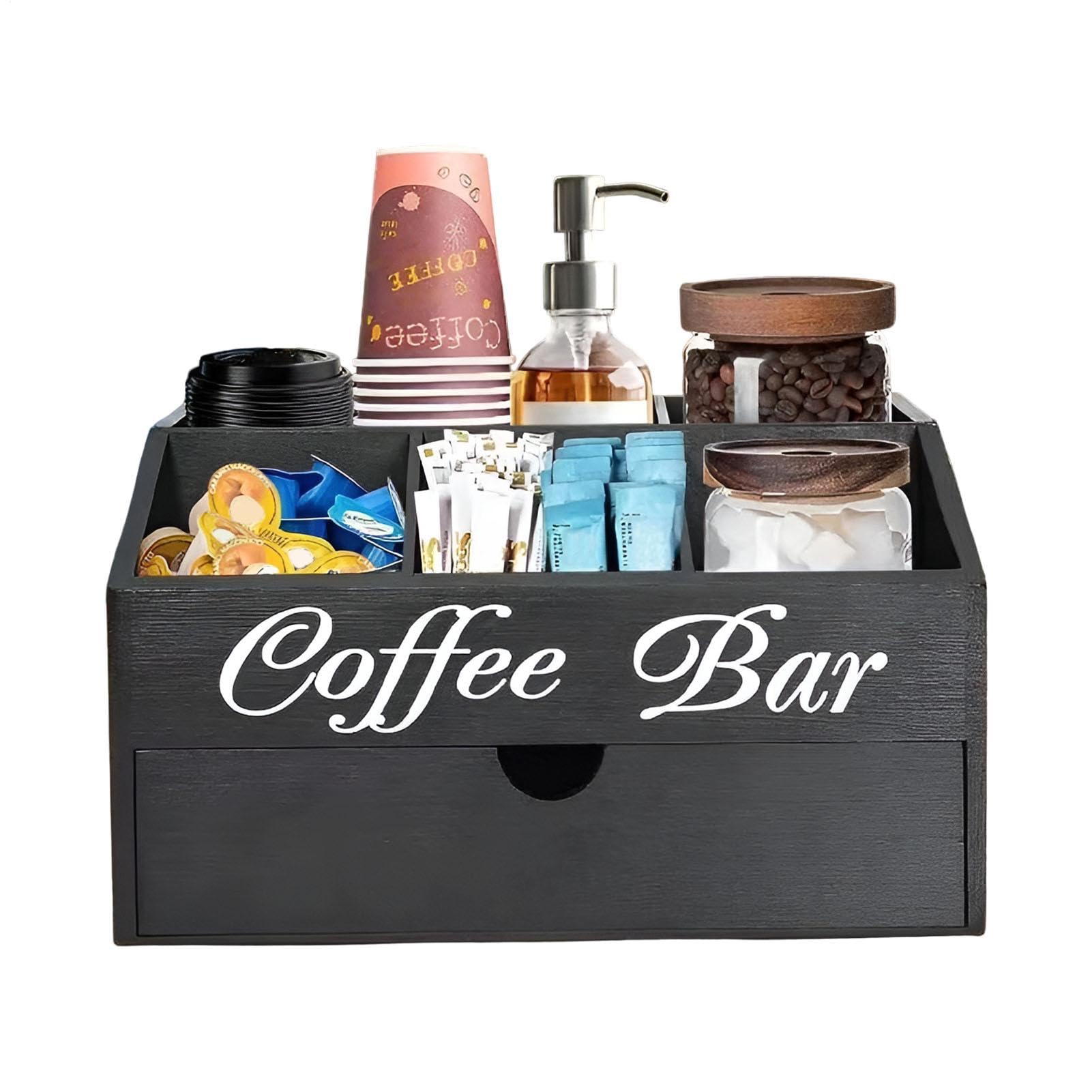 Kaffee-Bar-Organizer aus Holz, Korb für Tee und Kaffee, Zubehör für Arbeitsplatte, rustikaler Organizer für Kaffeezubehör für zu Hause