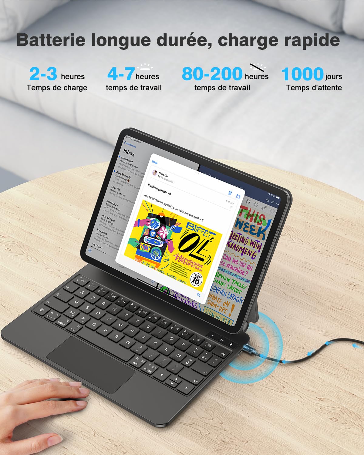 TECURS Étui Clavier Magnétique pour iPad Air 11" (M4/M3/M2, 2026/2025/2024)/ Air 5 2022/ Pro 11" (4/3/2/1 Gen) Air 4 2020 Multi-Touch, Support flottant à cantilever, rétroéclairage blanc, AZERTY, Noir