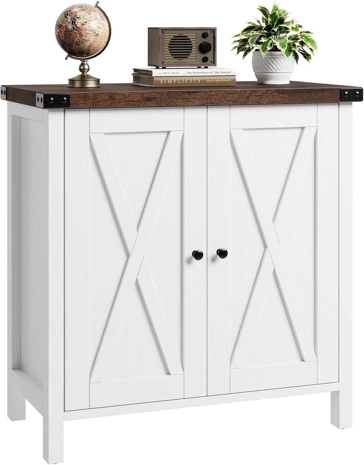 GarveeHome Small Storage Cabinet, Farmhouse Sideboard Buffet Cabinet with 2 Doors and Adjustable Shelves, Accent Entryway Console Cabinets for Living Room, Dining Room (White+Brown, 1 Pieces)