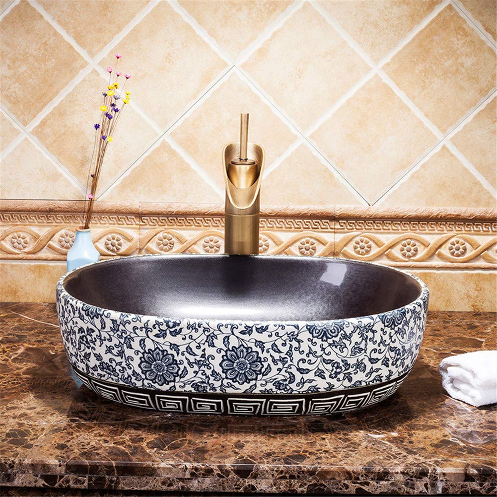 Vasque à poser ovale en céramique peinte à la main pour salle de bains de luxe