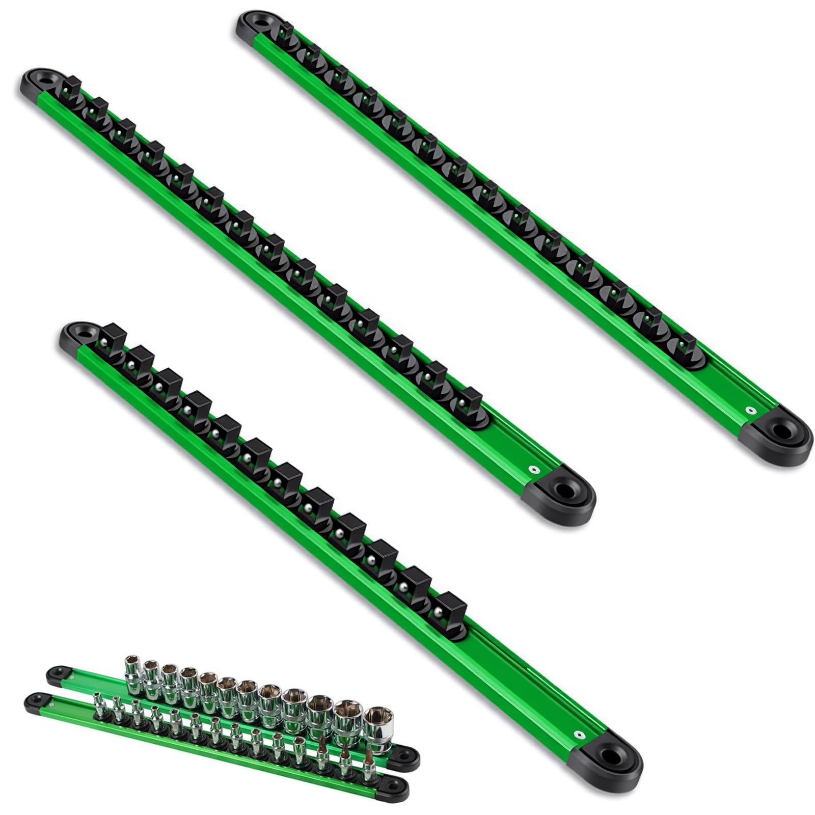 3Pcs Magnetic Socket Organiser Set, Aluminum Alloy Socket Rail Heavy Duty Sockets Holder Magnetic Tool Holder Sockets Rack Kit for Wall Storage & Tool Cabinet Side Mount