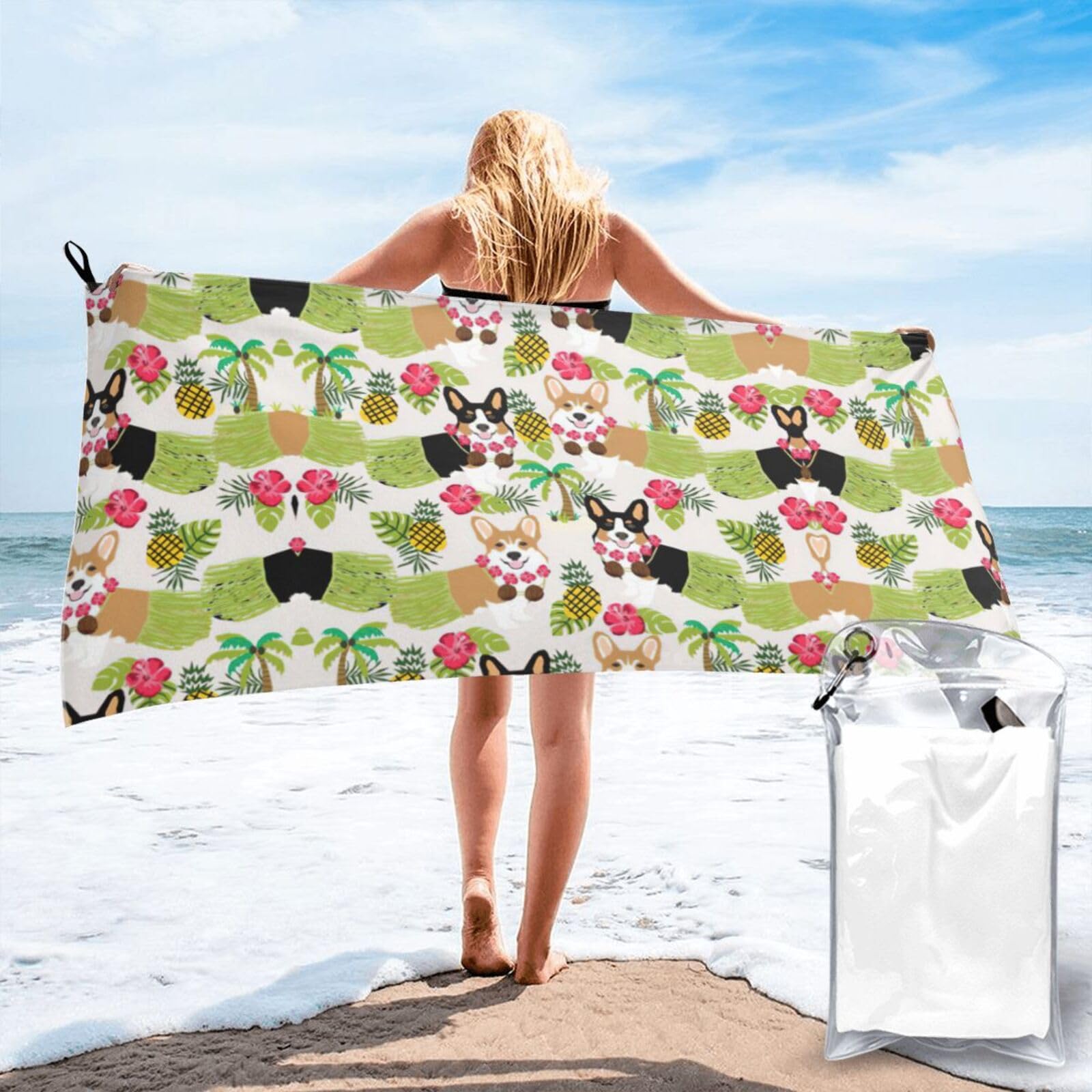 Toalla de playa Corgi hawaiana de secado rápido, ideal para tus días de piscina o camping