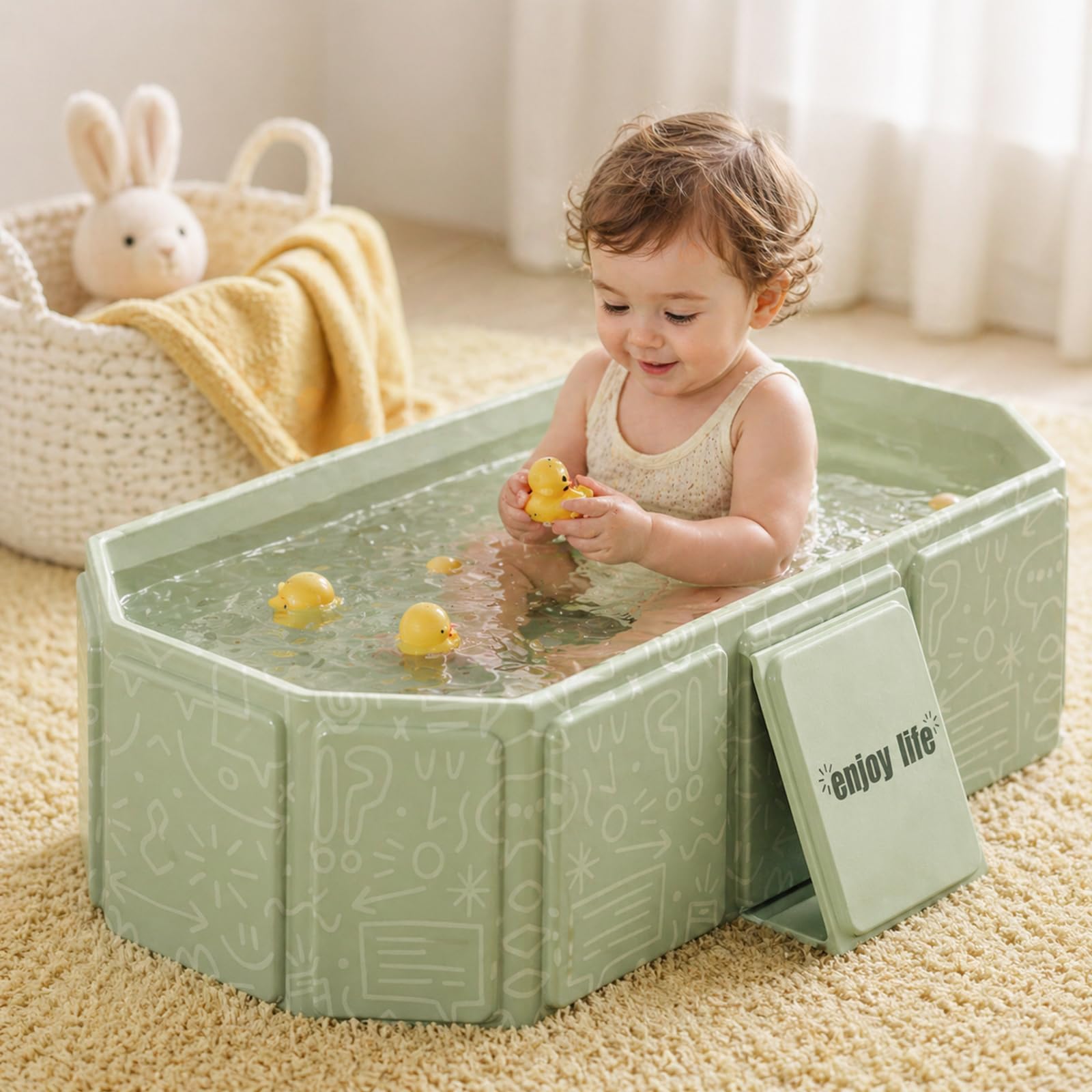 Vasca da bagno pieghevole, Vaschetta portatile per bambini – Salvaspazio e leggera, Con tappo di scarico, Vasca multifunzione per bambini 0-8 anni, Verde