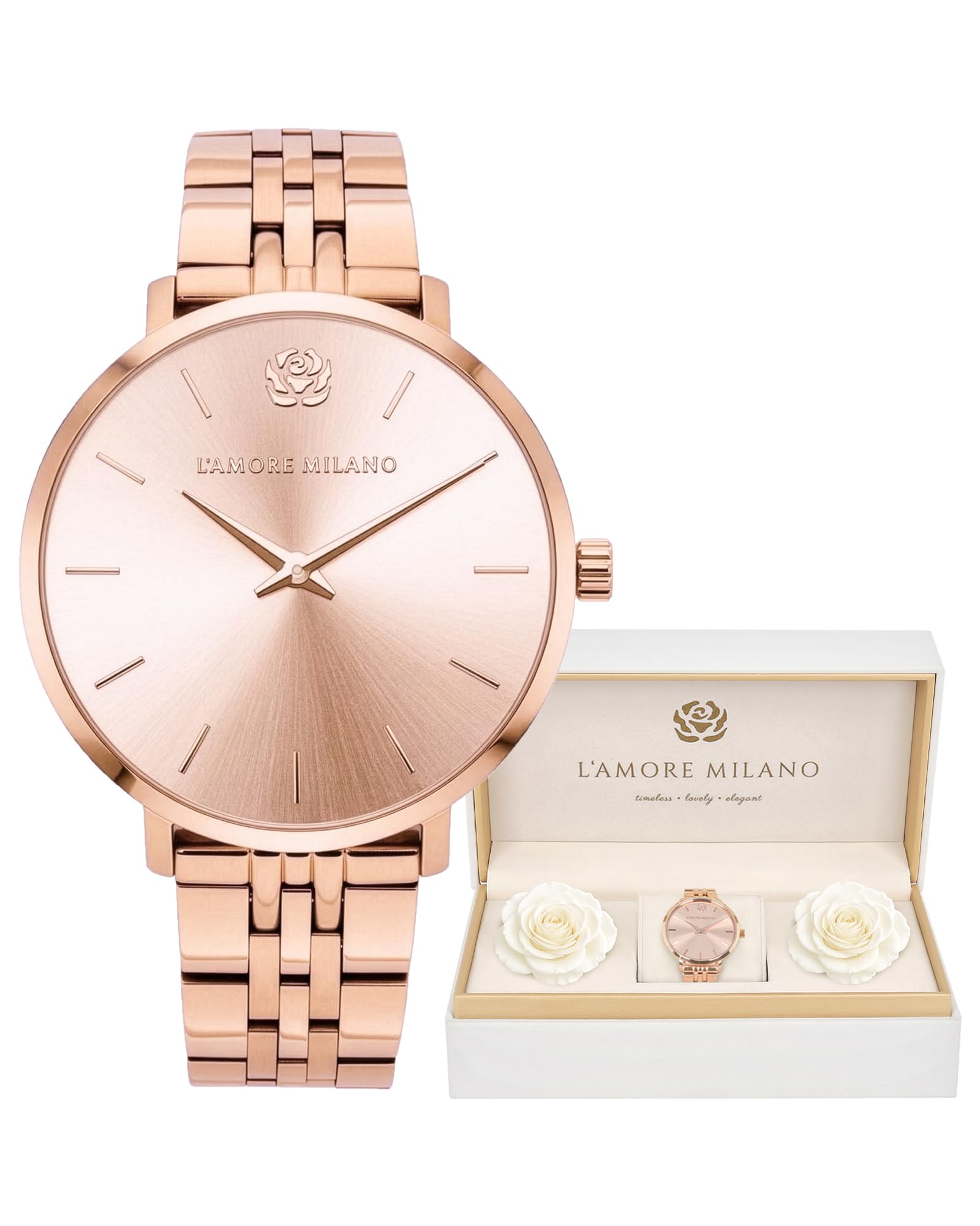 L'AMORE MILANO Damenuhr Rosenbox - Hochwertige Armbanduhr Edelstahl mit luxuriösem eckigem Design, wasserdicht 5 ATM - Edles Geschenk für Frauen, Freundin, Mutter - 36mm Damen Uhr