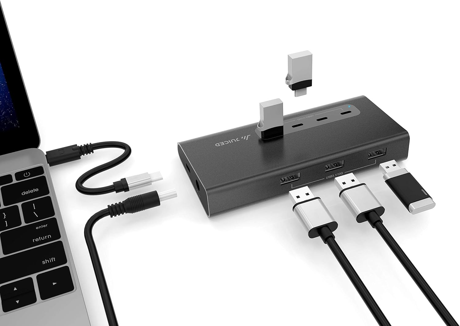 Juiced Systems VertexHUB High-Speed USB-C & USB-A Hub - 10 Gbps Transfer, USB 3.2 Gen 2, 4X USB-C Ports, 3X USB-A Ports, Fast Charging