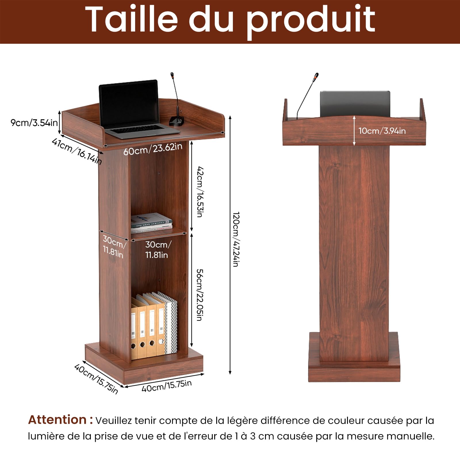 uyoyous Podium Debout en Bois, Pupitre Table Debout Chaire D'église Pupitre Portable pour Salle de Classe de Bureau, Salle à Manger Réception, 60cm x 40cm X120cm