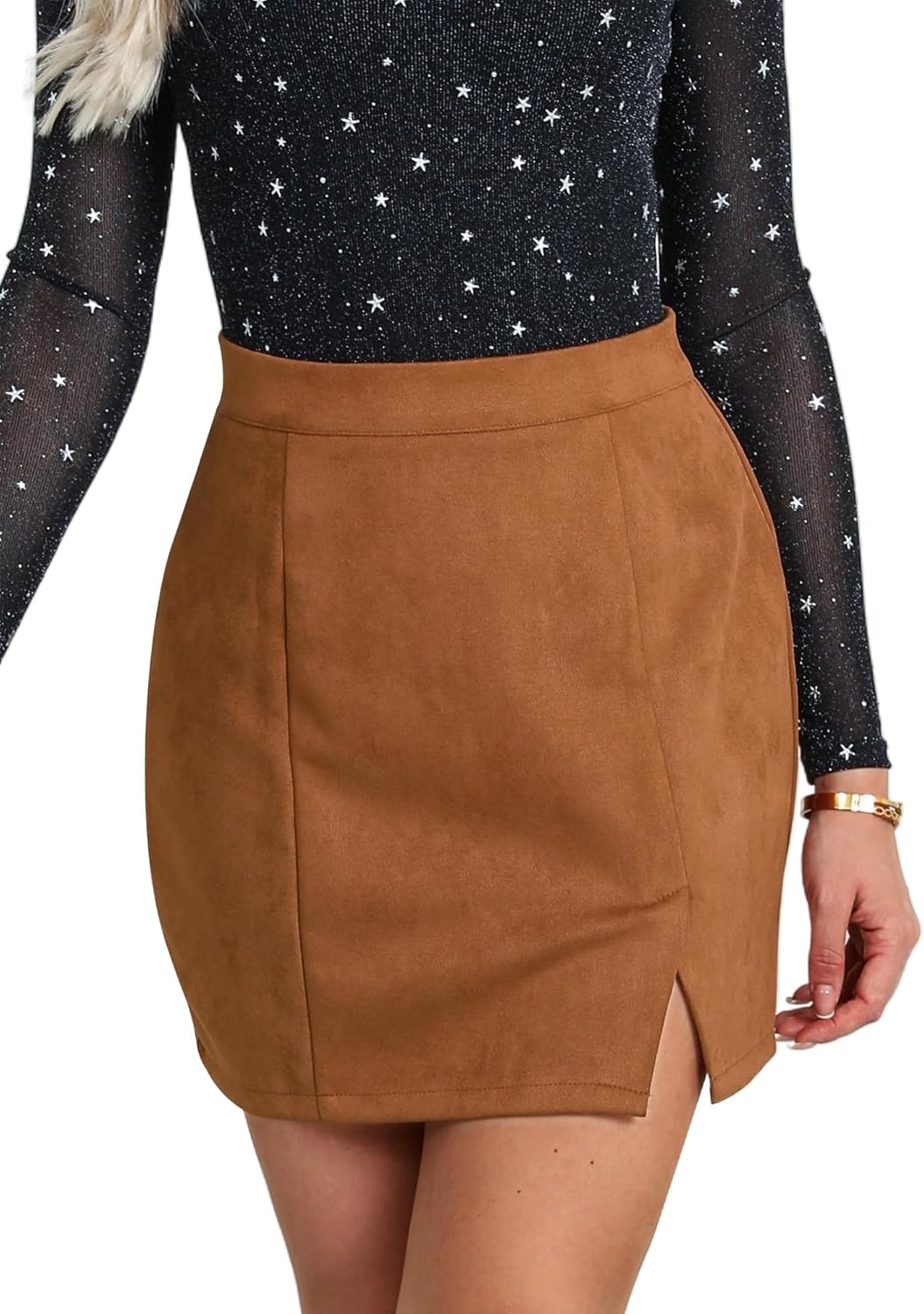 Ezcosplay Women Faux Suede Sexy Mini Skirt with Slit High Waisted Zipper Back Pencil Bodycon Short Skirts - Image 2