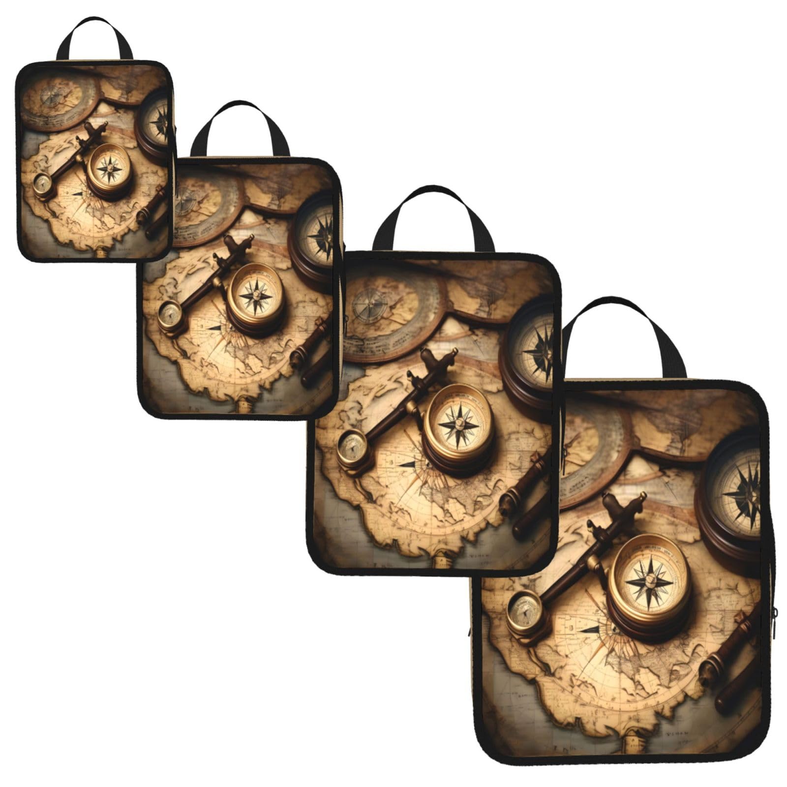 Compass and Old World Map Print 4 Set Compression Packing Cubes for Suitcases,Expandable Storage Bag Organizers