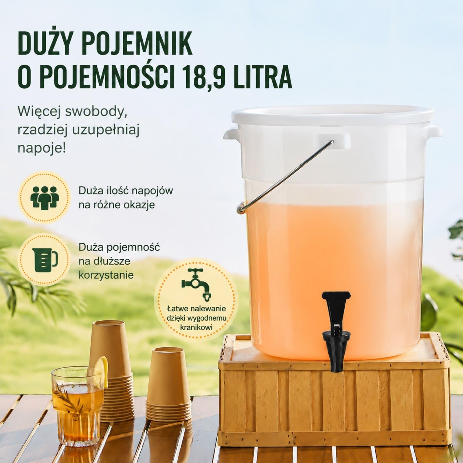 Plastikowy dozownik napojów 19 l z kranem i pokrywką do mrożonej herbaty, lemoniady, soku i wody, do restauracji, hoteli i imprez