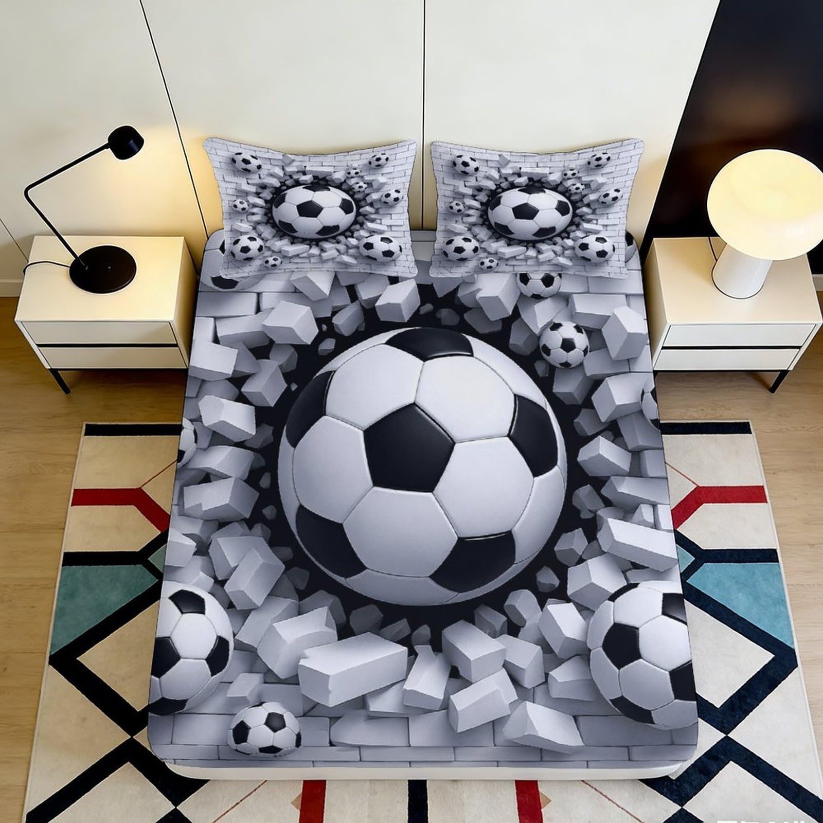 3D Printed Soccer Ball Fitted Sheet Microfiber Grey Monochrome Bed Sheet Anti-Slip Machine Washable for Bedroom Guestroom 90x200x25cm