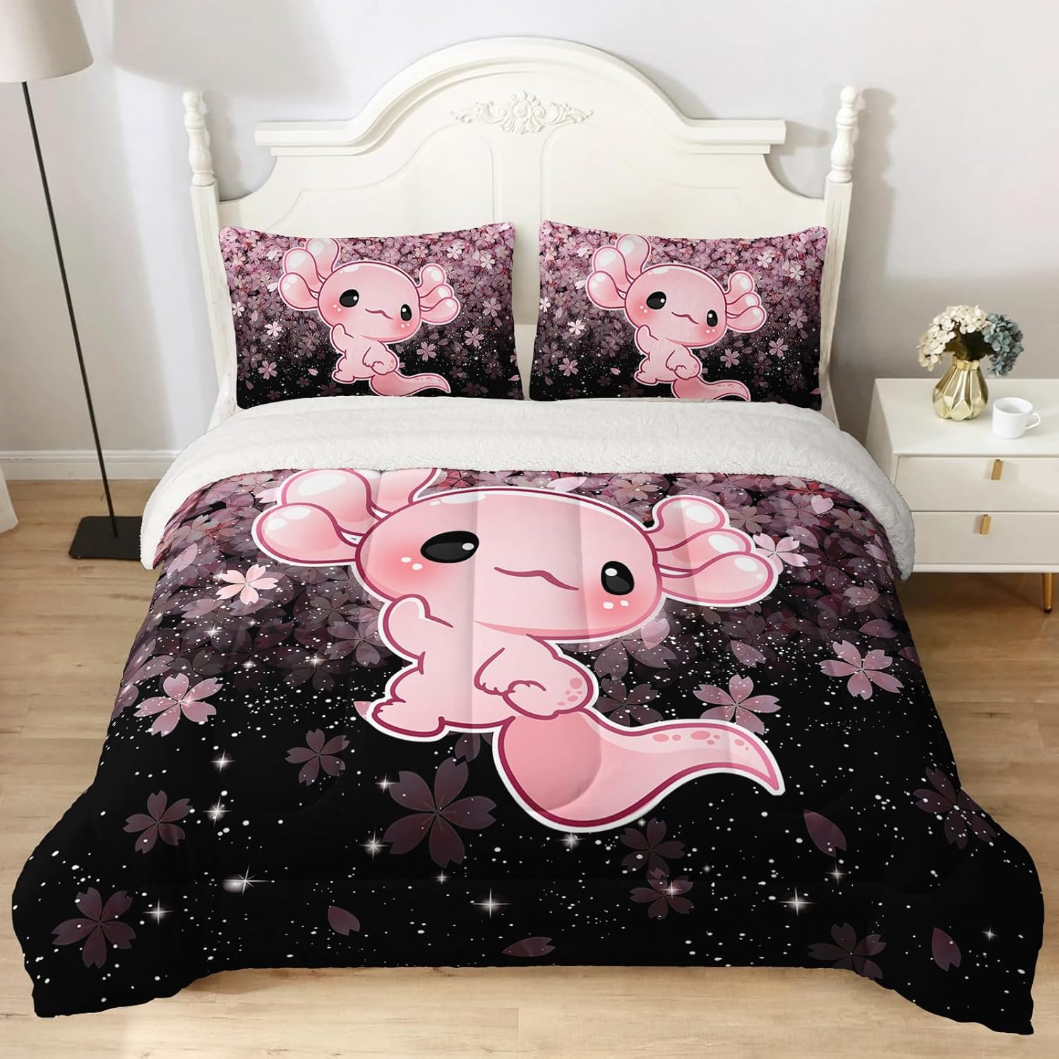 QOOMO Cartoon Axolotl Sherpa Fleece Comforter Set Girls Kawaii Bedding Set Full/Queen Size for Kids Teens Cute Cherry Blossoms Bedding Design 3 Piece with 1 Comforter 2 Pillowcases - Image 4