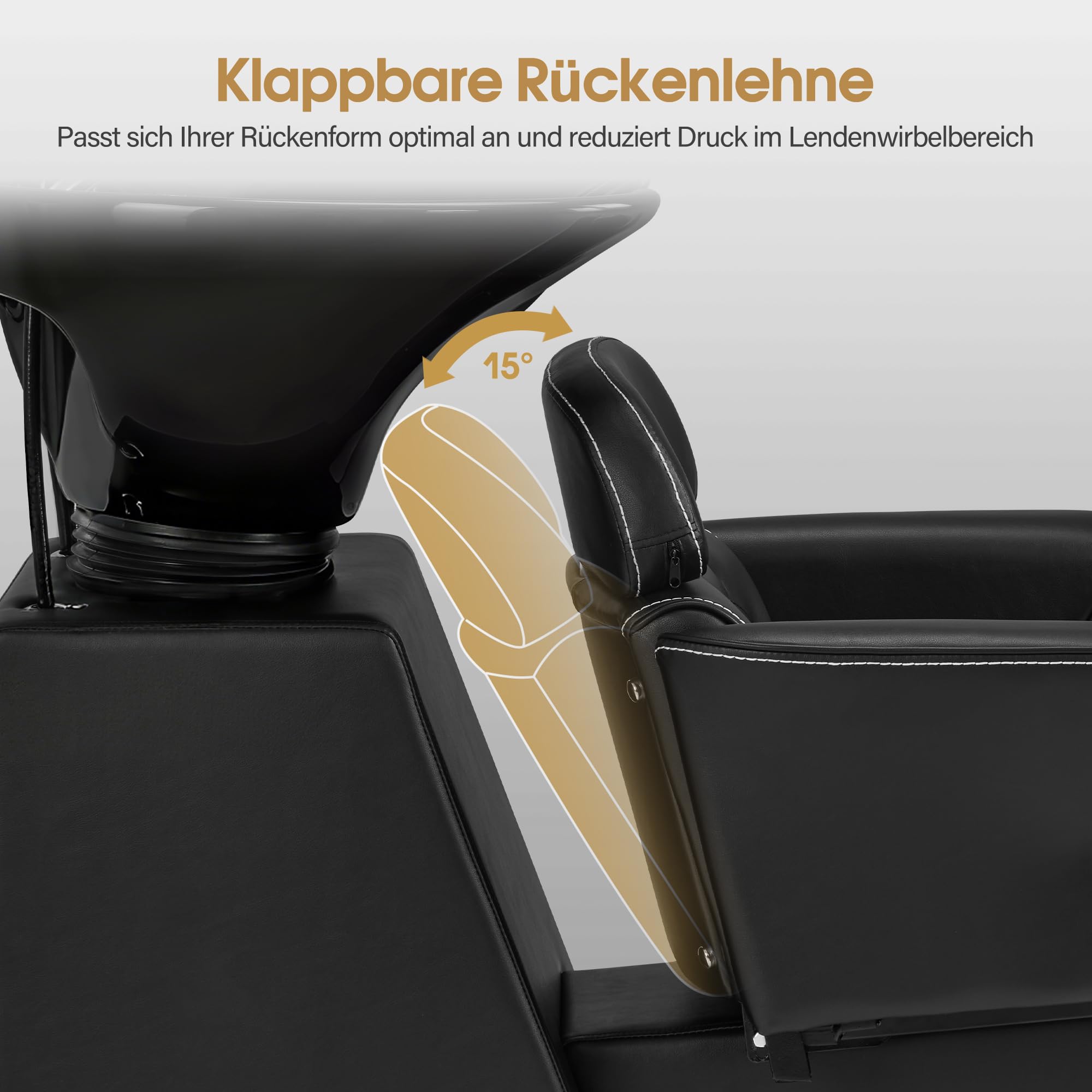 Barberpub Friseurstuhl mit Waschbecken & Kippbarer Rückenlehne, Friseurwaschbecken aus Keramik Verstellbar, Moderner Friseurwaschsessel für SPA Salon, Friseur Waschplatz 8692 (Schwarz/Kunstleder)