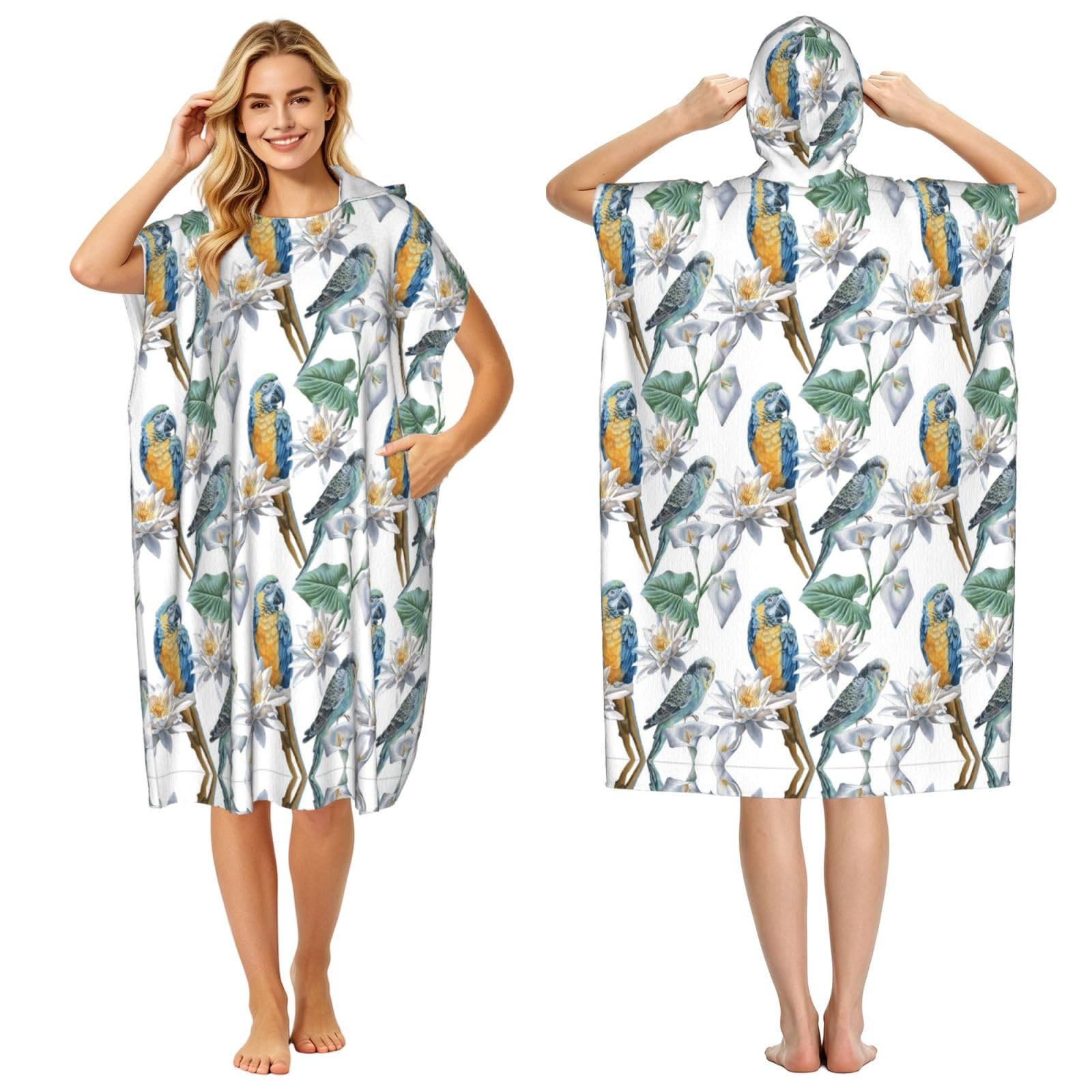EZDLOWVBA Parrots On Branches Print Hooded Poncho Microfiber Beach Towel,Adult Women & Men Changing Robe,Lightweight Summer Surf Swim Bath Poncho Towel