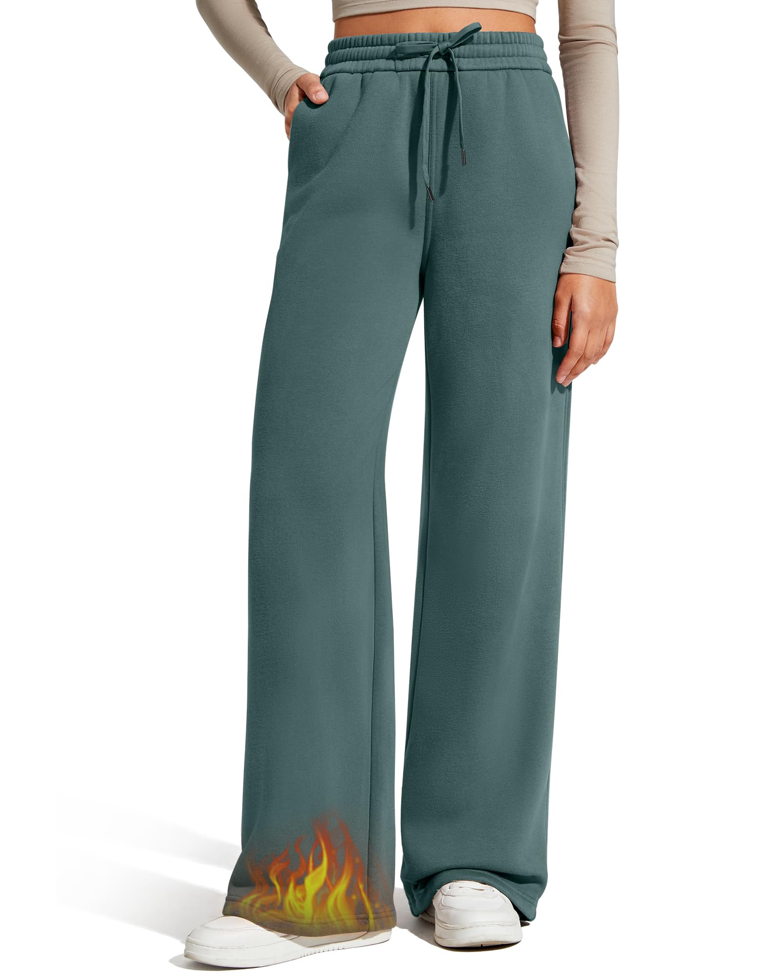 Flurrylux Fleece Lined Sweatpants Women Cotton Thermal Warm Wide Leg Pants with Pockets, Sage Green, Small Petite-image-24