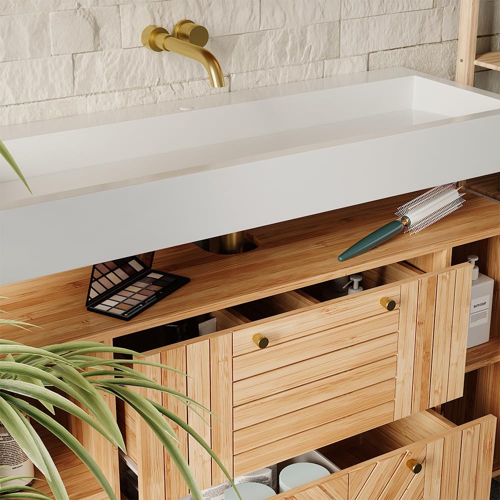 Vicco Meuble sous Vasque Simple Lucie, Bambou, 100x65cm avec 2 tiroirs, Convient au Rangement Peu encombrant des Accessoires de Salle de Bain