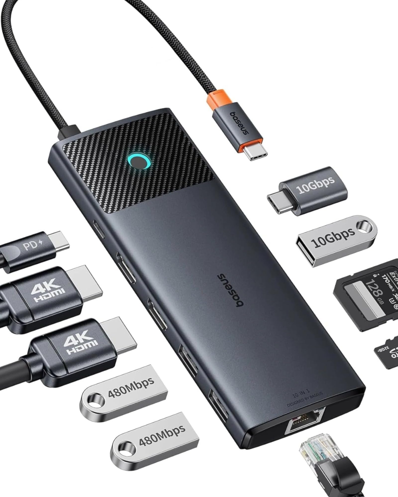 Baseus Docking Station USB C 2 Display, 10 Gbps 10 in 1 Docking Station met 2 HDMI Single 4K @120Hz, Dual 4K @ 60Hz, 10 Gbps USB-A en USB-C, Gigabit Ethernet en