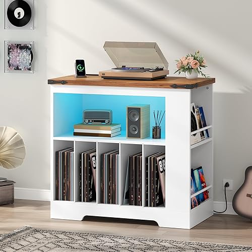 Miniatura 2 de HOOBRO Soporte grande para tocadiscos con estación de carga y luces LED, gabinete de almacenamiento de discos de vinilo con tira de luz de 21