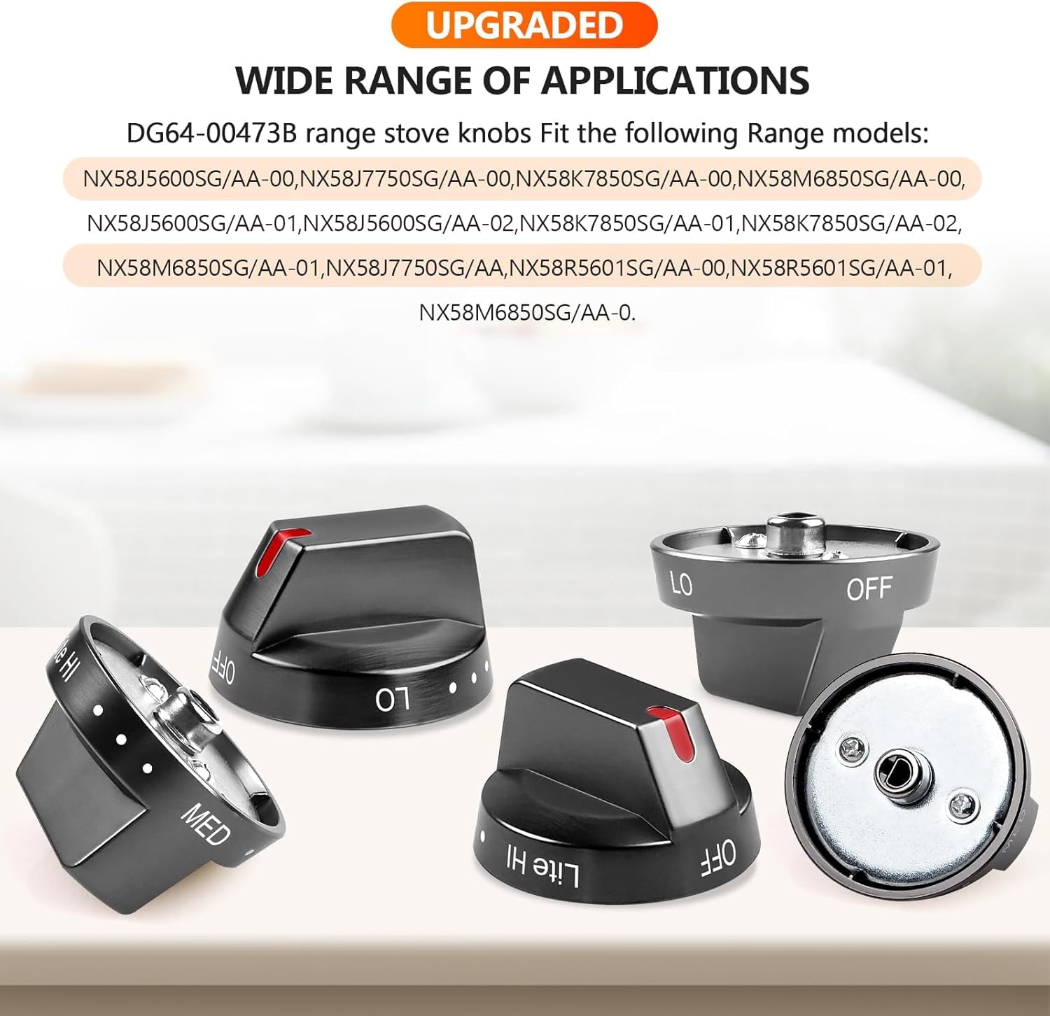 Upgraded Samsung Stove Knobs Replacements DG64-00473B, compatible with Samsung gas stoves: NX58H56(00SS/50WS), NX58(M6850SG/J7750SG/J5600SG/K7850SG), quality comparable to the original factory (black)