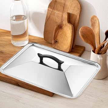 Pan Lid Pot Cover Rectangular 14x10 Inch Stainless Steel with Easy Lifting and Steam Retaining Features, Elegant Texture for Kitchen Use and Cooking