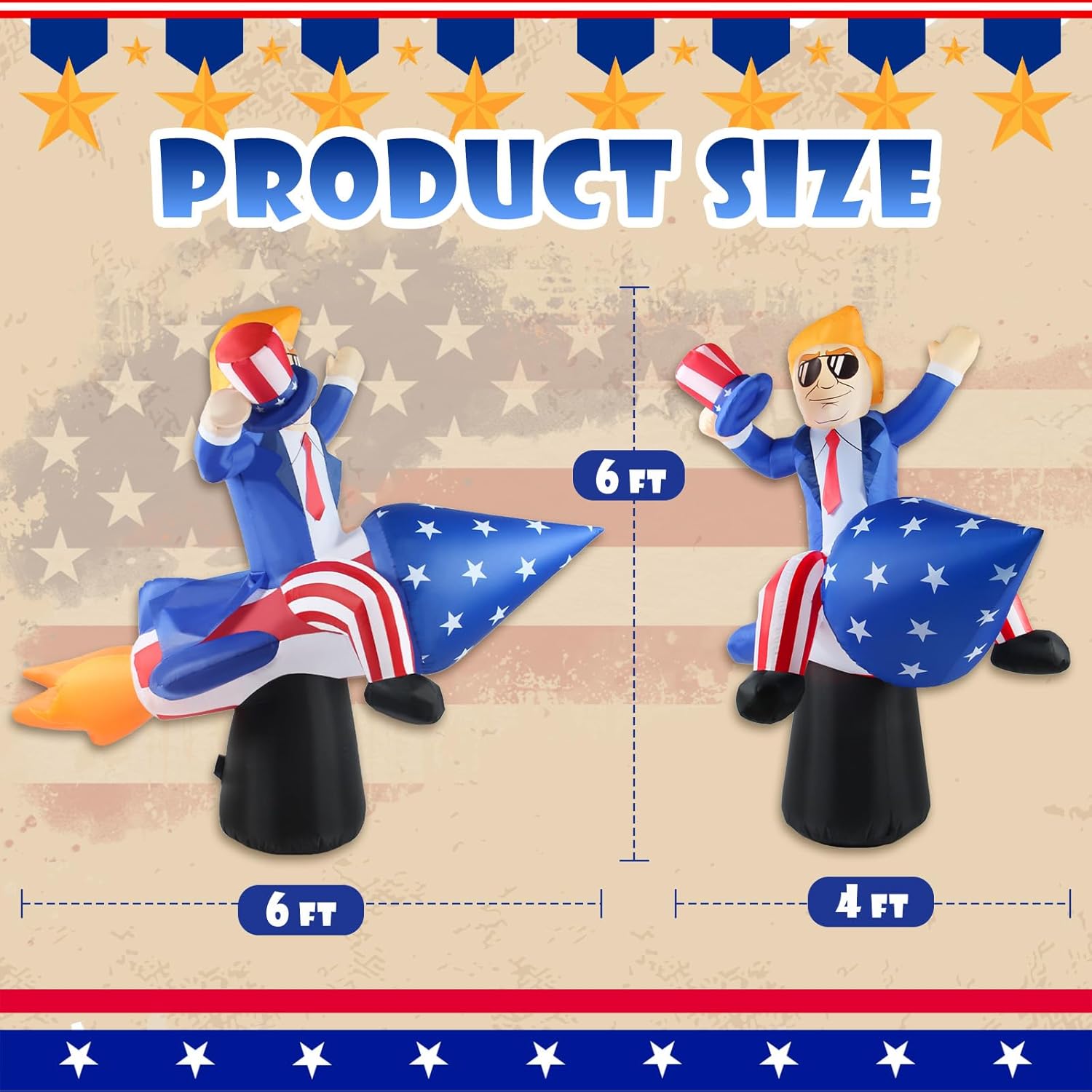6FT Inflatable Decoration President Ride on Rocket 4th of July Blow up Outdoor Inflatables Patriotic Independence Day Build-in LED Lights Indoor Decor for Holiday Home Garden Yard Lawn