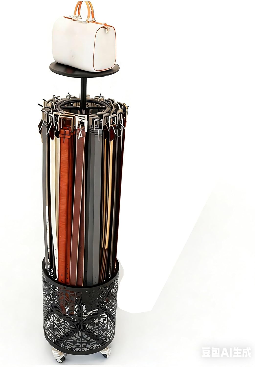 Floor Standing Belt Hangers, 360° Rotation Tie Display Stand, Men Closet Belt Organizer with Wheels, Silk Scarf Hanging Rack Shawls Purse Shelf