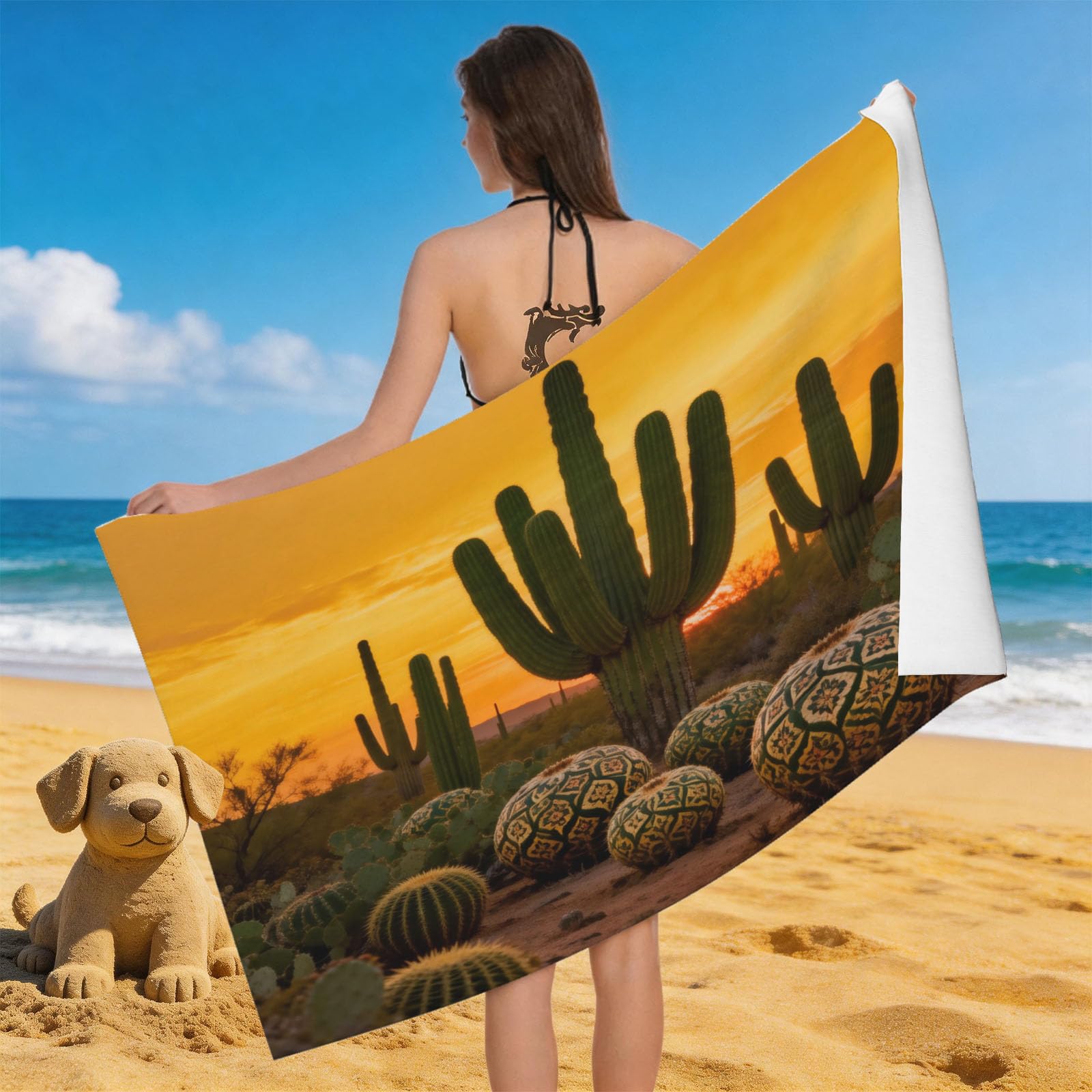 Leichong 3D Desert Cactus Beach Towel Microfiber Soft Quick Dry for Adults, Natural Landscape Bath Towel Lightweight Soft Absorbent for Travel Swimming Pool Sports, 75 x 150 cm