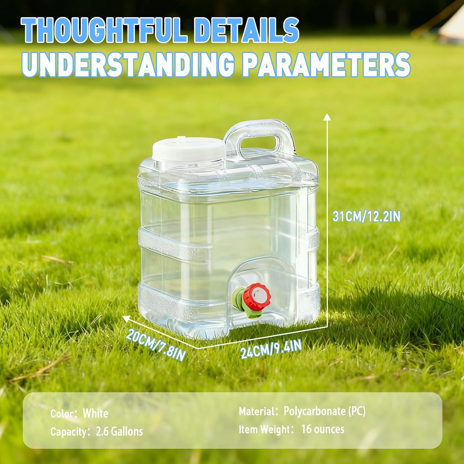 2.6 Gallon Water Jug, 10L Portable Water Container with Spigot, Cleaning Brush, Detachable Hose, BPA-Free Camping Hydration Canteen, Outdoor Tank Storage PC- Clear