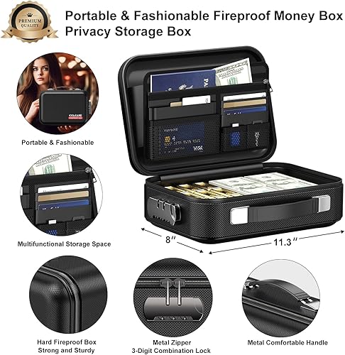 Miniatura 5 de COLCASE Caja de dinero ignífuga con cerradura, funda rígida organizadora de efectivo, diseño de carcasa rígida, resistente al agua, caja fuerte