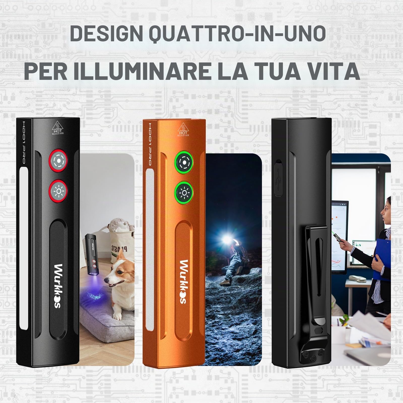 Wurkkos HD01 Pro Torcia LED Ricaricabile, Torcia LED/UV 2 in 1 con Luce Bianca, Luce Verde, RGB, Mini Torcia Potente per Ciclismo, Campeggio, Alpinismo, Emergenza