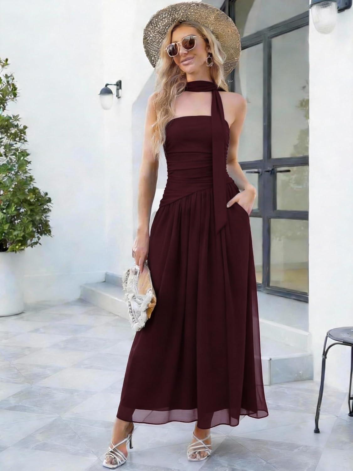 Summer Maxi Dresses for Women 2026 Strapless Ruched Tube Dress with Scarf Beach Vacation Spring Wedding Guest Dress Pockets