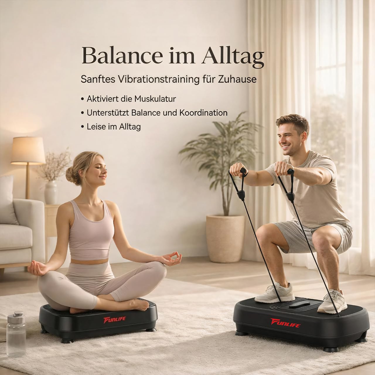 Funlife Vibrationsplatte 120kg- 180 Stufen,5 Programme &Manuell– Bluetooth&Lautsprecher – Fitnessplatte mit Trainingsseilen für Ganzkörpertraining