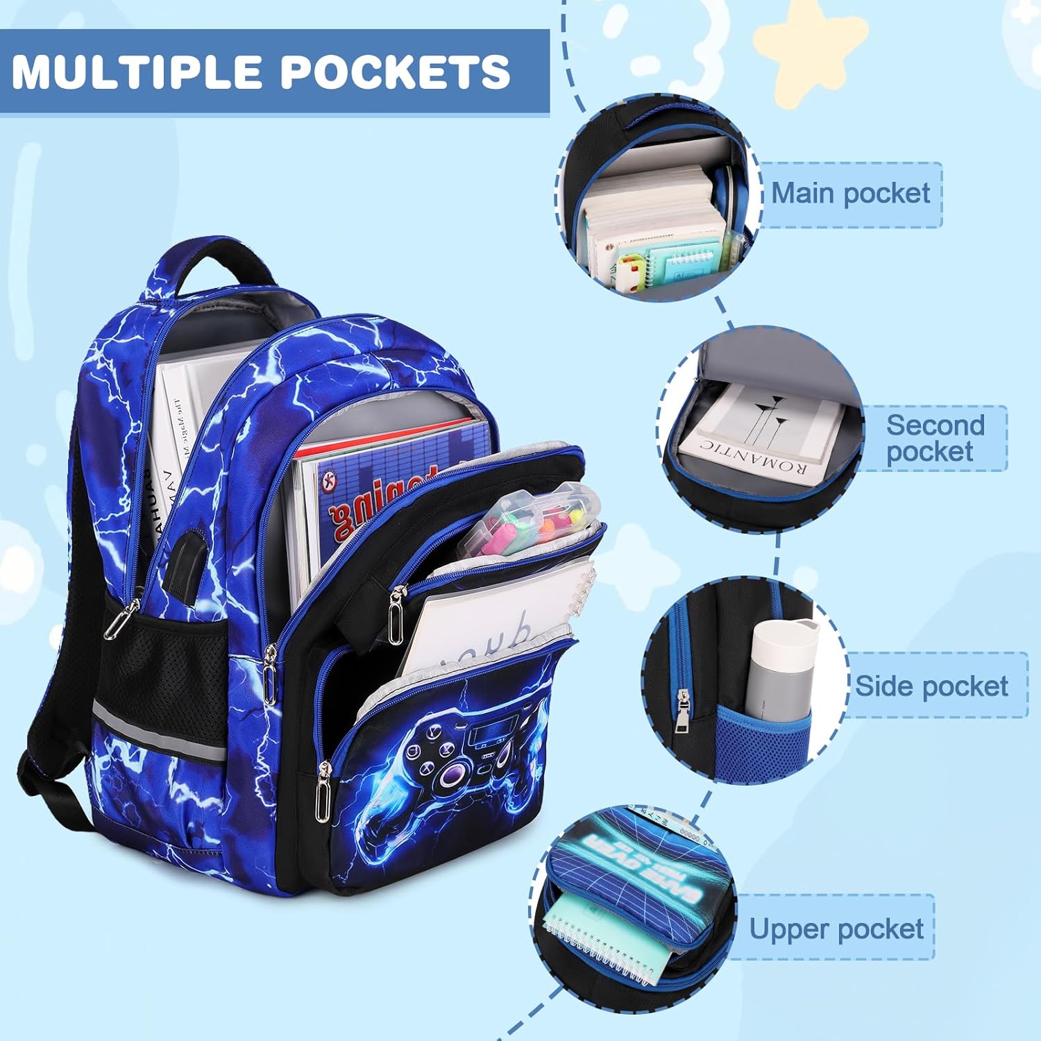 Bevalsa Kids Backpack for Boys with 14oz Insulated Bottle, School Bags for Kids & BPA-FREE Stainless Steel Metal Bottle with Straw Lid for Elementary Middle School Student (Lightning)