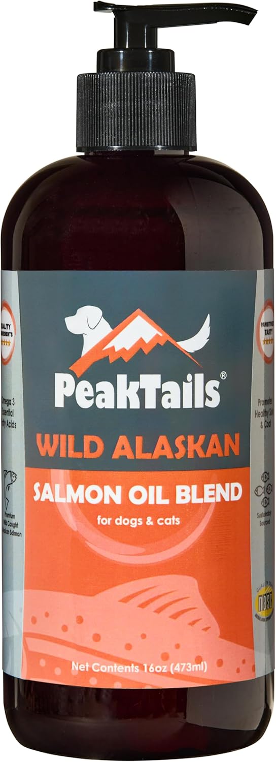 PeakTails Wild Alaskan Fish Oil for Dogs – Omega-3 Blend with Pollock + Salmon Oil – Omega 3, 6, DHA & EPA – Supports Dog Skin & Coat – Natural, Wild Caught – Made in USA – 16 oz