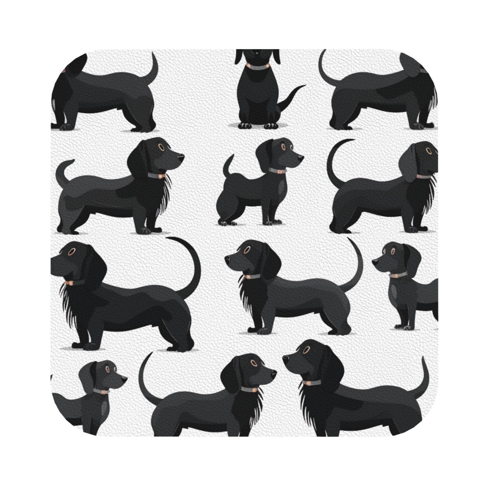 Black Dogs Dachshund Dog Print Leather Coaster Set of 6, Square Coasters Table Decorative Coffee Cup Beverage Coasters Wine Beer Bar Coasters for Hot Drinks Table Protection