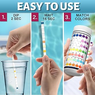 EASYTEST 7-Way Pool Test Strips, 150 Strips Water Chemical Testing for Hot tub and Spa, Accurate Test Bromine, Total Alkalinity, pH, Free Chlorine, Total Hardness, Cyanuric Acid, and Total Chlorine