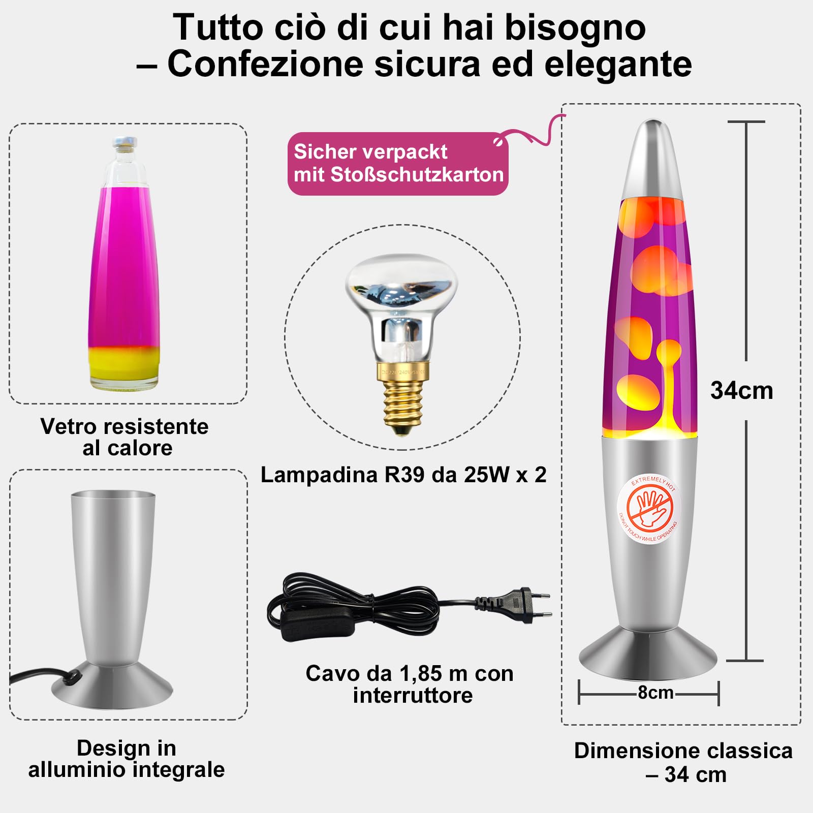 Ajacxet Lampada Lava 34 cm Viola e Gialla – Lampada a Lava Retrò Decorativa – 2 Lampadine R39 25W E14 – Luce d’Atmosfera Rilassante per Camera e Soggiorno, Idee Regalo