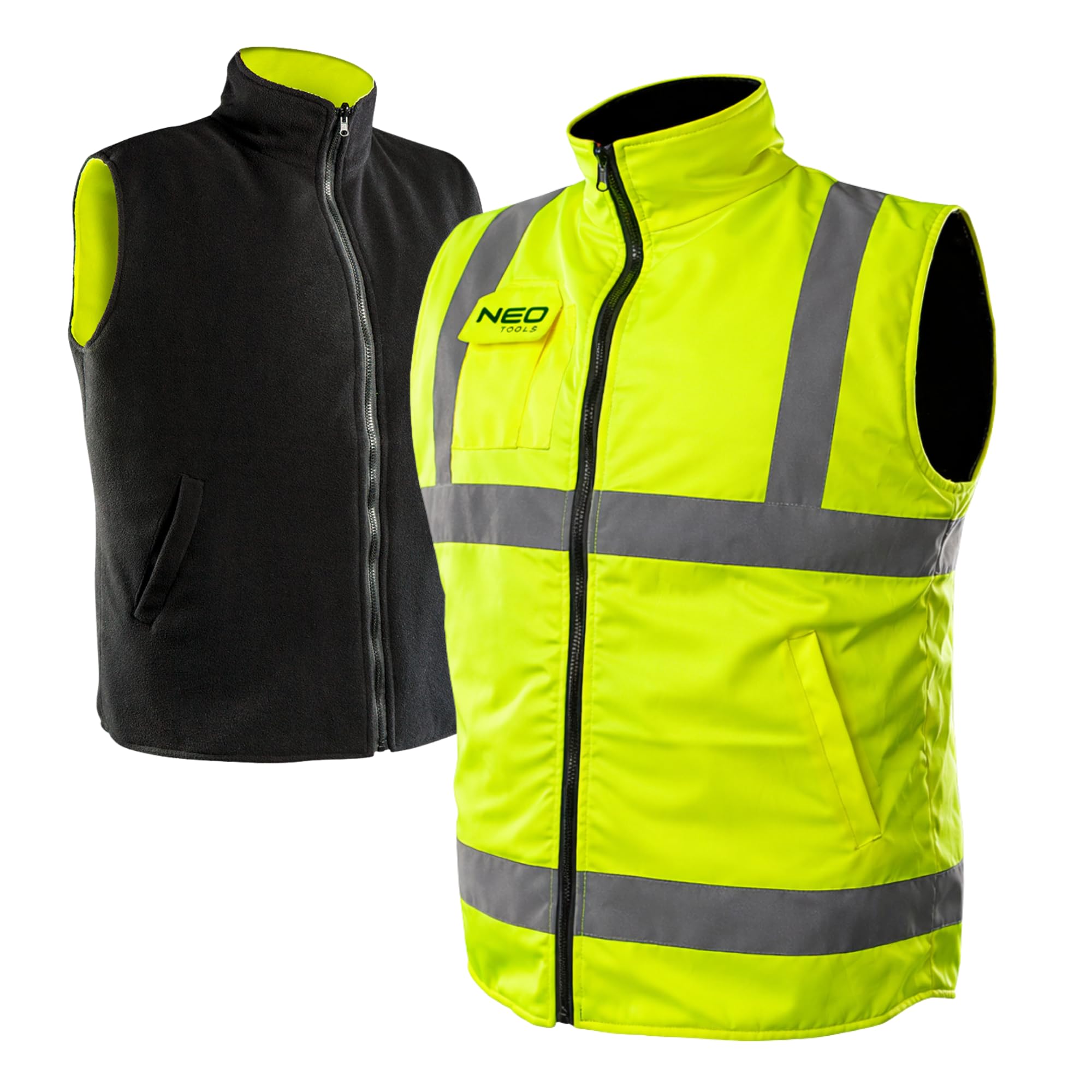 NEO TOOLS Gilet de Sécurité Professionnel 2en1 en Polaire, Coupe-vent et Imperméable ou ensemble avec Pantalon Imperméable - Taille. S-3XL pour Hommes | Réversibles, Réfléchissants d'un Côté