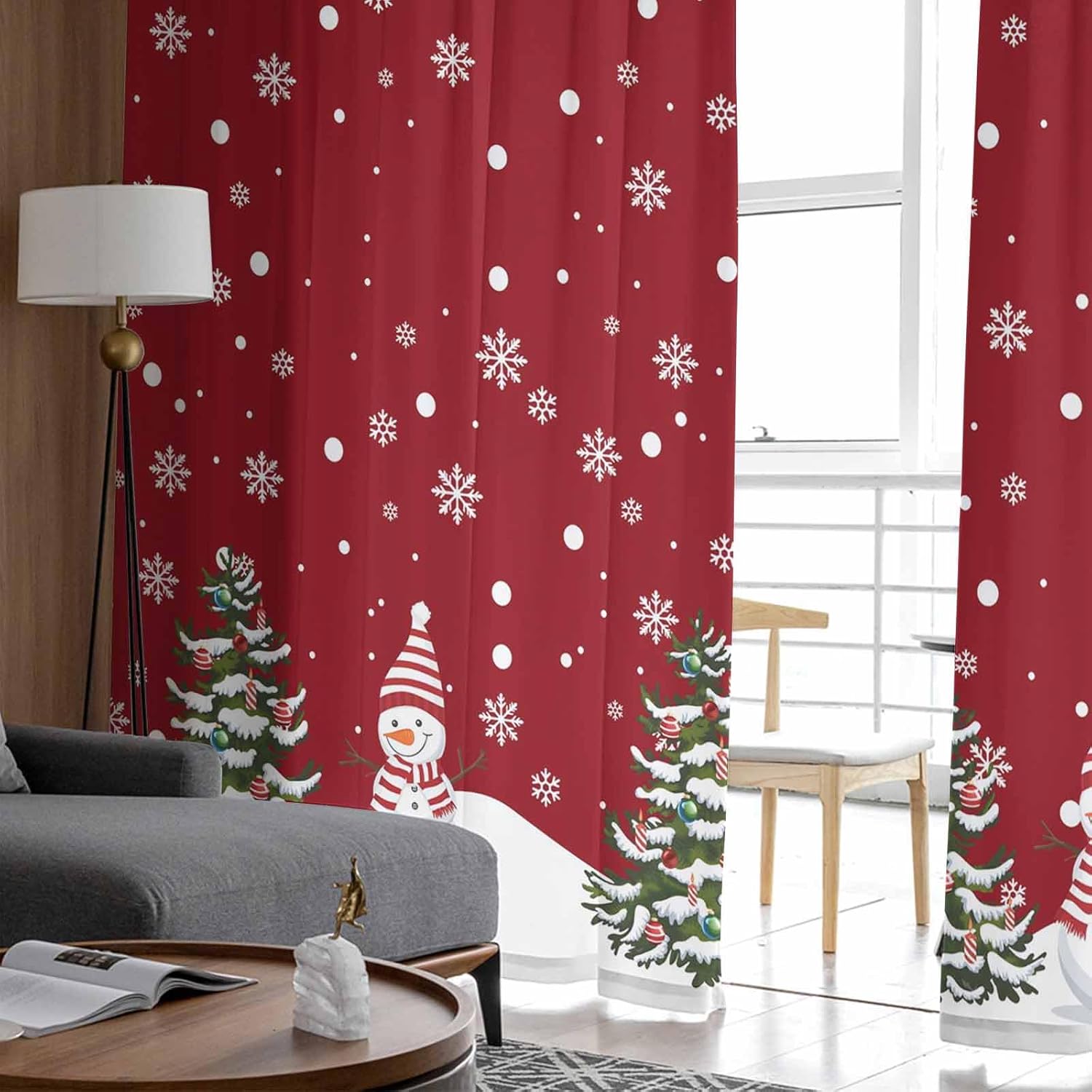 Christmas Sheer Curtains Snowman Red Decor Bedroom Curtain Drapes, Xmas Tree Winter Snowflake Semi Curtain Sheers for Living Room/Cafe, Rod Pocket Voile Window Treatment, 52''W x 63''L x 2