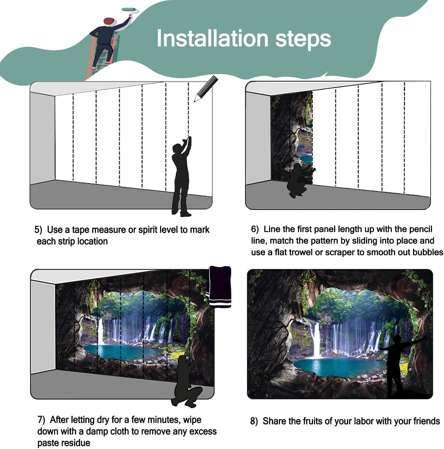 3D Cave Waterfall Natural Landscape Wallpaper for Bedroom (Not Peel and Stick)