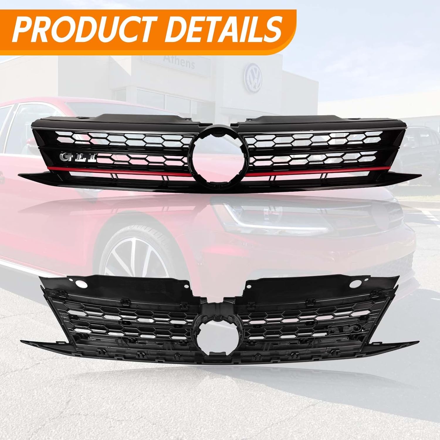 YLT AUTO Fit 2015 2016 2017 2018 For Volkswagen Jetta Front Cover Upper Bumper Grille Replacement Shroud VW Front Honeycomb Air Intake with Red Trim