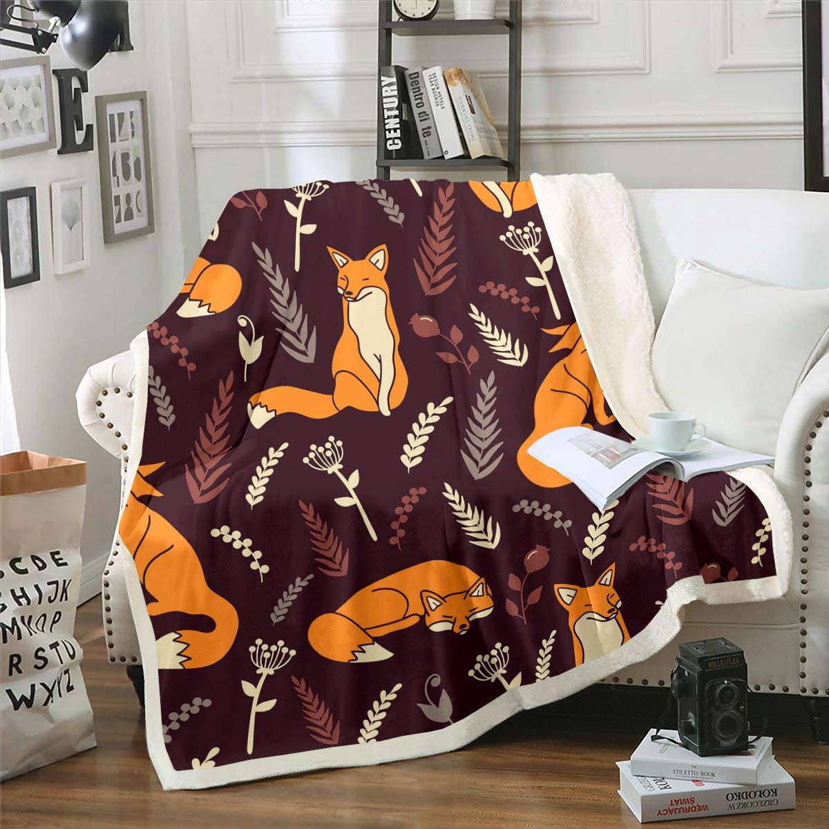 Coperta in pile con volpe, per divano e divano con stampa di volpe, coperta in pile