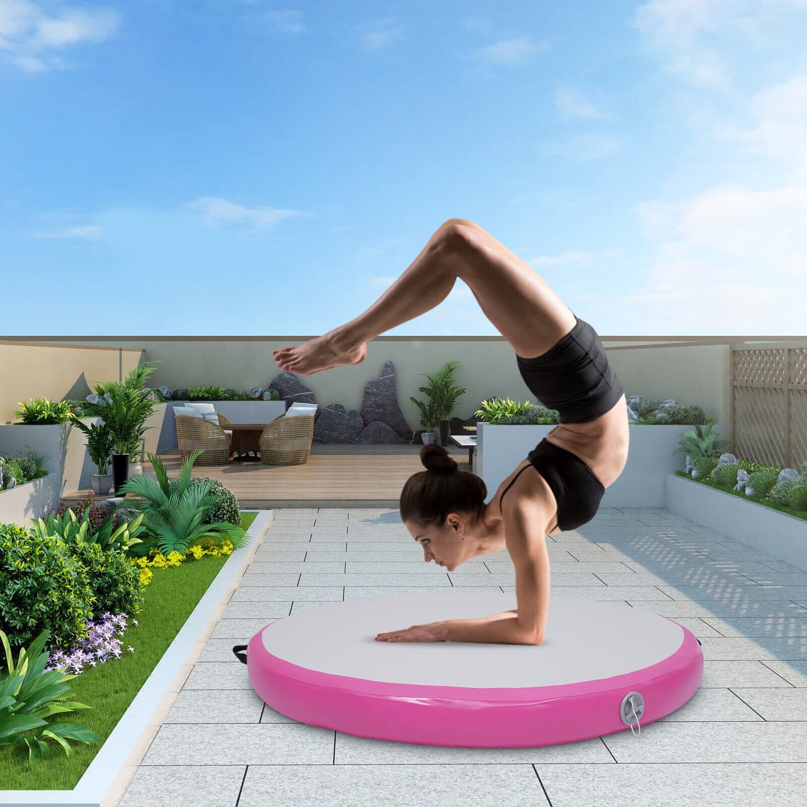 Tappetino da ginnastica gonfiabile, diametro 100 cm, con pompa ad aria, spessore 10 cm