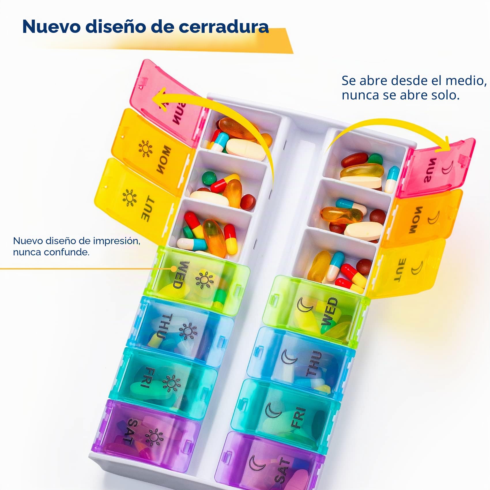 Mossime Organizador de píldoras grande XL 2 veces al día, pastillero semanal con tapas con bisagras, estuche de píldoras de vitaminas para medicamentos de 7 días, contenedor diario de píldoras