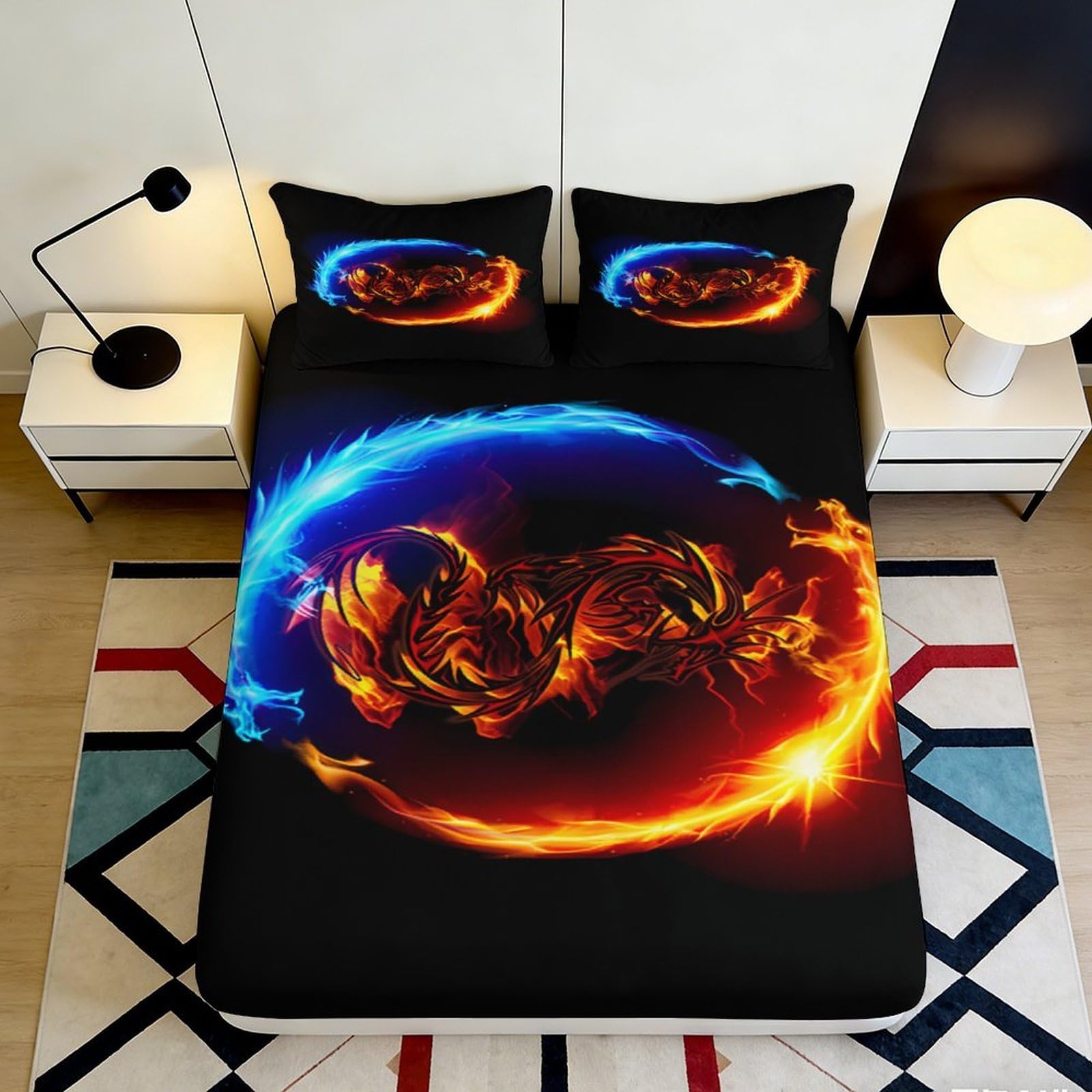 3D Printed Fire Dragon Fitted Sheet Microfiber Black Blue Red Ice Flame Mattress Cover for Bedroom Dorm Decor 140x200x25cm