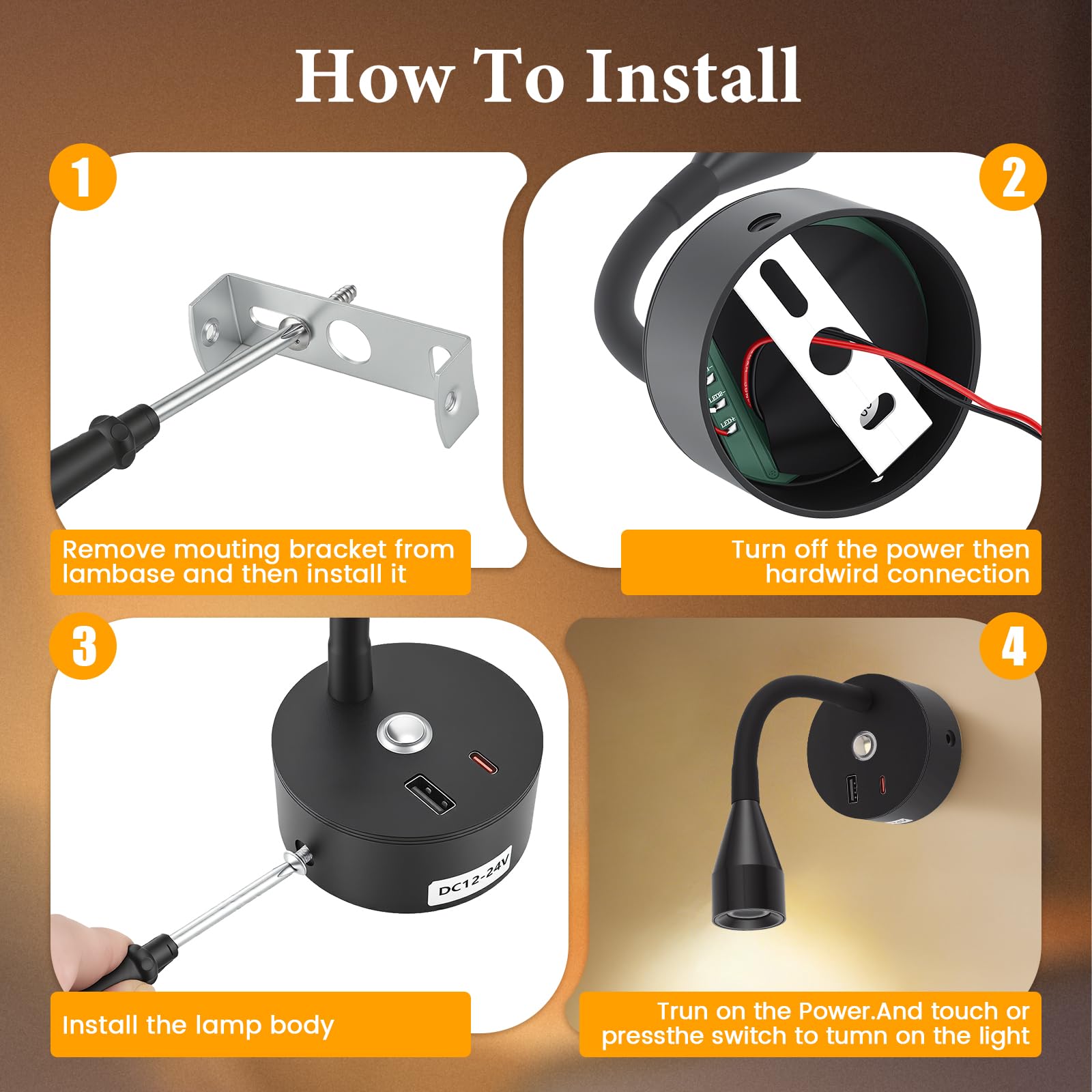 2 Piezas Luz de Lectura LED para Camper, 12V Lámpara de Lectura con Cargador USB & Type-C, Flexible Lámpara Foco de Pared para Autocaravana Furgo Barco (Negro)