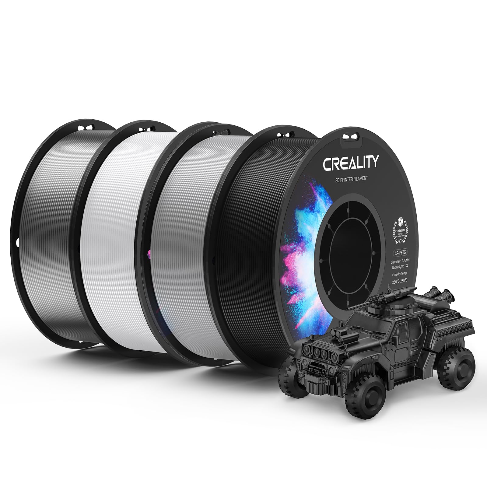 Creality PETG Filament, Excellentes Performances et Haute Résistance, 1,75 mm, Précision Dimensionnelle de ±0,02 mm, 4kg (8,8 lb), Compatible avec les Imprimantes 3D FDM, Noir Blanc Gris Transparent