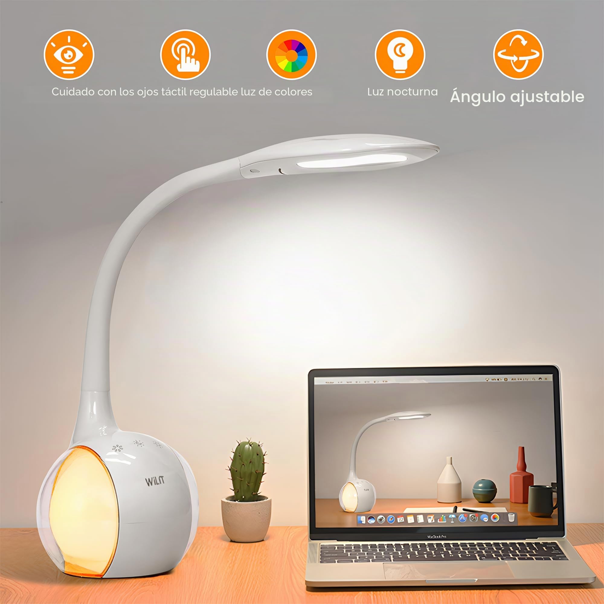 WILIT T3 Lampara LED Escritorio Infantil, Luz Flexo Led Escritorio Niños para Estudiar Lectura con Luz Nocturna de Color, Lámpara de Mesa Tactil 3 Niveles de Brillo, Blanco